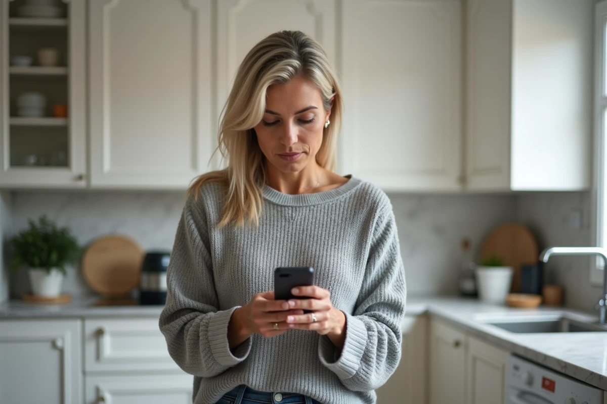 Femme consultant le suivi de colis Colissimo sur smartphone dans une cuisine moderne
