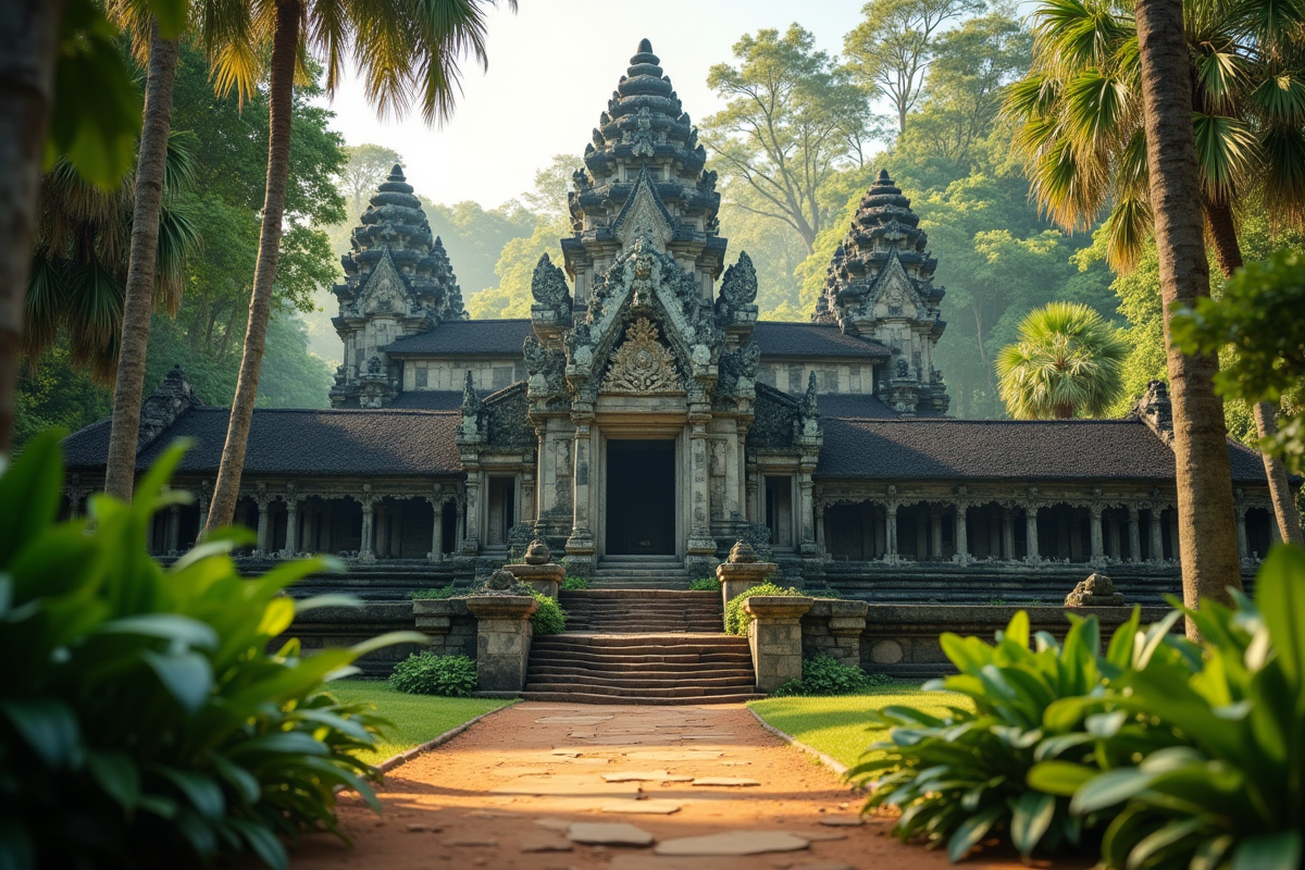 Temple ancien entouré de jungle tropicale en Asie du Sud-Est