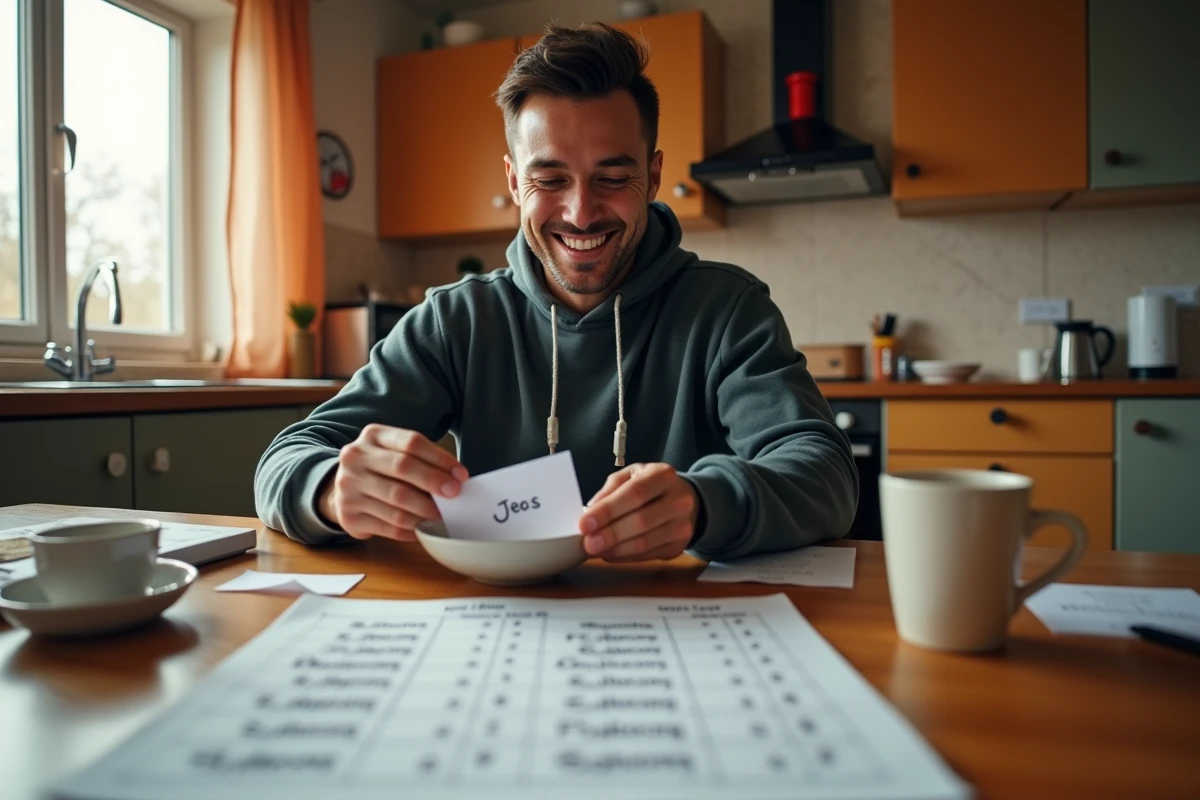 Homme tirant des noms au sort pour créer des équipes équilibrées avec une liste de niveaux de joueurs