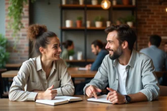Deux adultes échangeant des compétences autour d'une table de café dans un cadre urbain chaleureux, illustrant le principe du troc de compétences Tovaraf