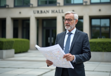 Loi sur le PLU : origine et création de cette réglementation urbaine Urbaniste homme examinant un plan de ville en extérieur