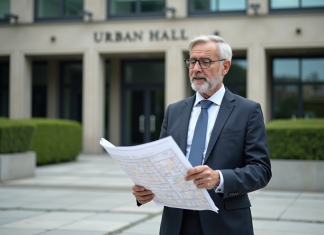 Loi sur le PLU : origine et création de cette réglementation urbaine Urbaniste homme examinant un plan de ville en extérieur