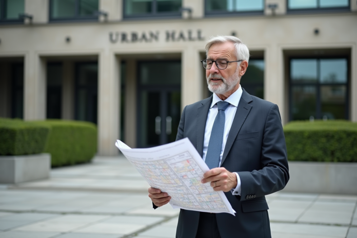 urbaniste-ville-plan Urbaniste homme examinant un plan de ville en extérieur