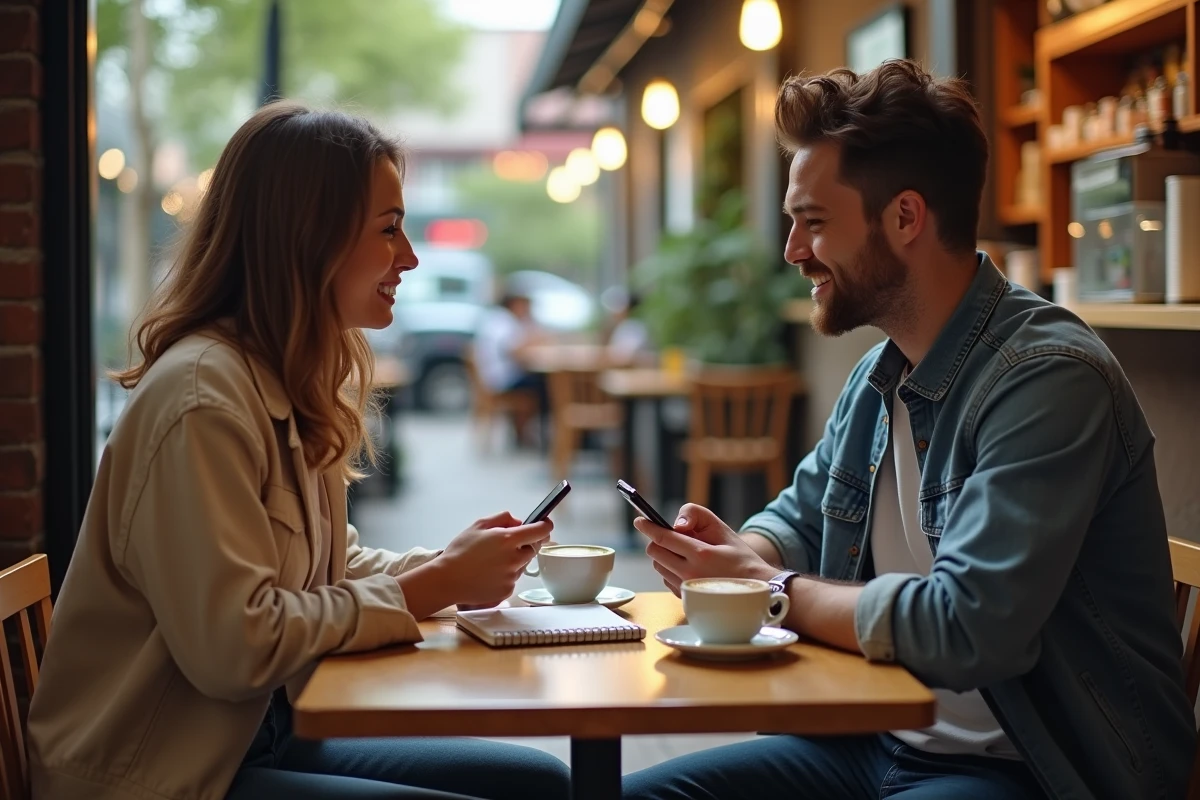 Deux utilisateurs comparant leurs avis et limites de Fusov dans un café