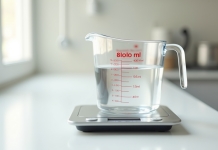 Verre mesureur rempli à 400 ml avec une balance de cuisine
