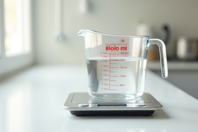 Verre mesureur rempli à 400 ml avec une balance de cuisine