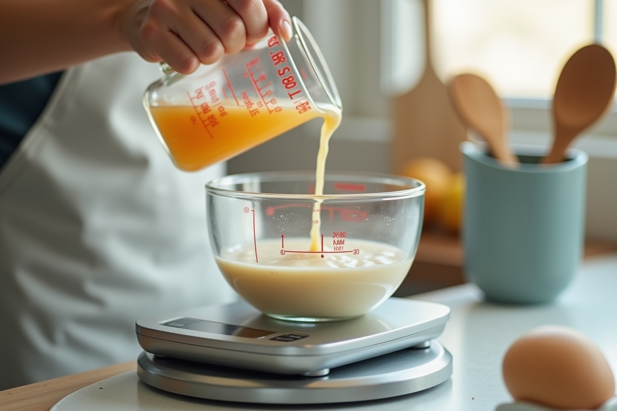 Personne versant doucement un liquide dans un bol sur une balance