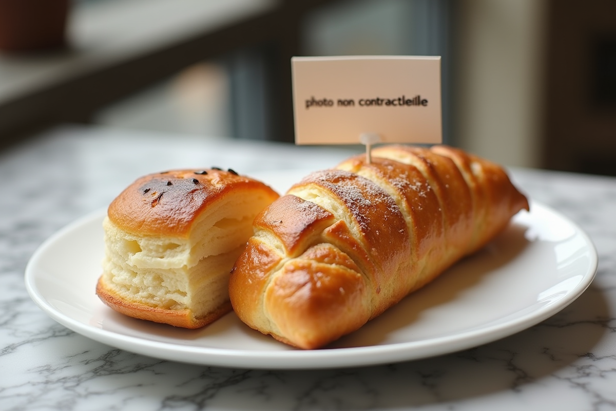 Deux viennoiseries sur une assiette blanche avec carte photo non contractuelle