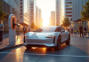 Voiture électrique innovante en charge dans une station futuriste au lever du soleil