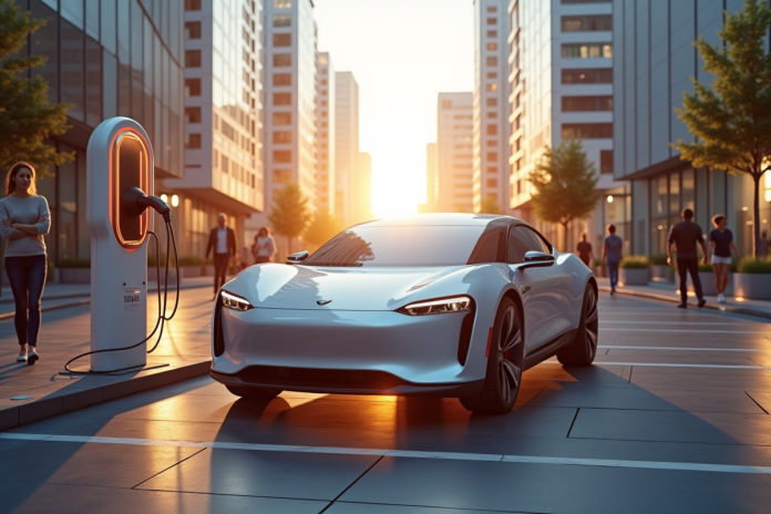 Voiture électrique innovante en charge dans une station futuriste au lever du soleil