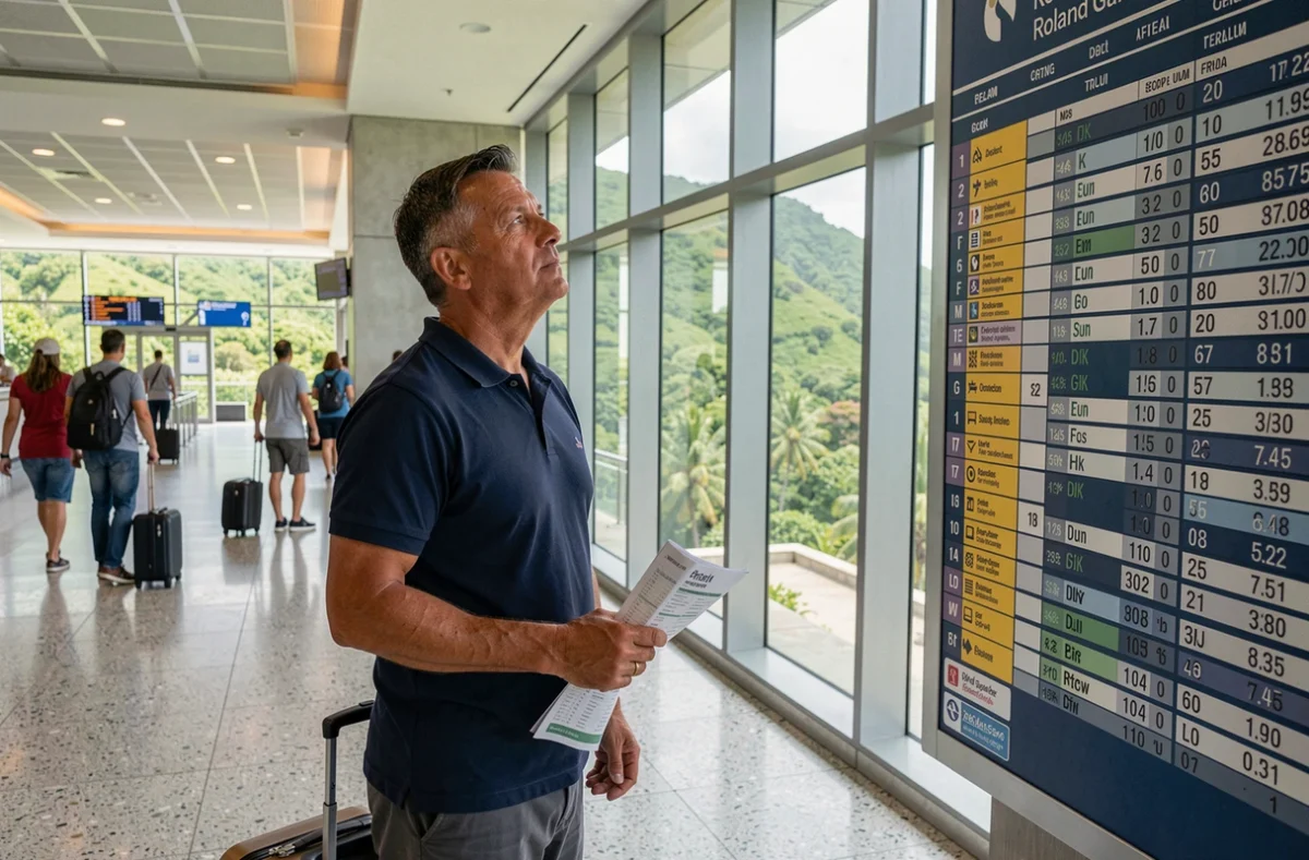Voyageur consultant le tableau des départs à l'aéroport de La Réunion pour gérer le décalage horaire