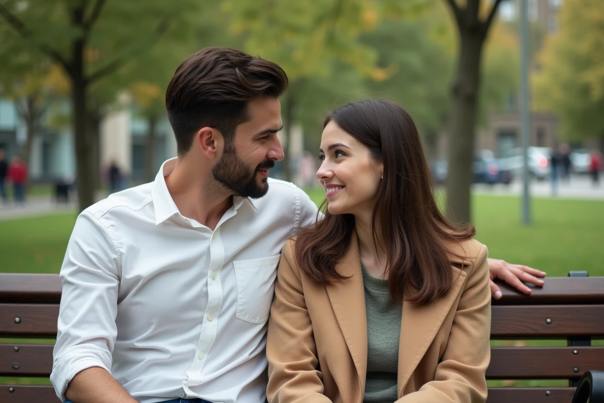 Couple discret assis sur un banc de parc, complicité silencieuse et intimité préservée