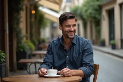 Homme discret attablé seul en terrasse de café parisien, regard pensif et sourire énigmatique
