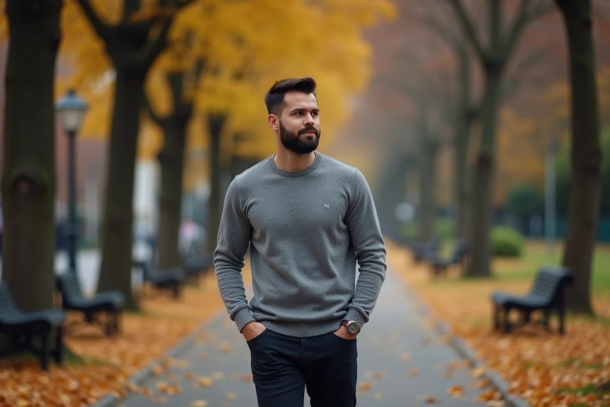 Homme marchant seul dans une allée de parc en automne, atmosphère intimiste et discrète